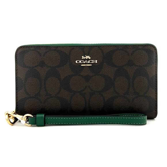 Coach Long Zip Around Wallet in Signature Canvas Brown Dark Pine Green C4452 - Picture 1 of 8
